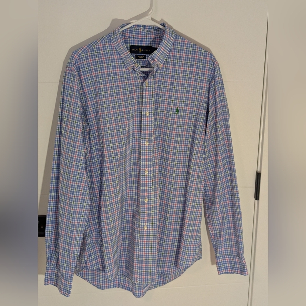 Ralph Lauren Blue Pink & Green Plaid Buttondown Shirt Sz. Large